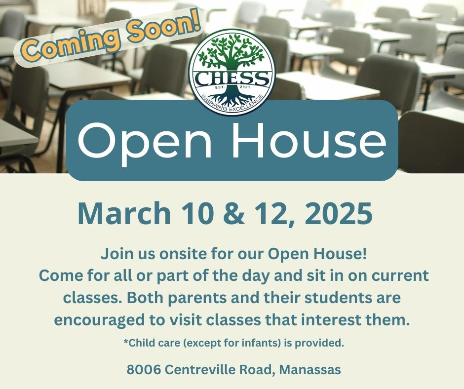 Open House March 10 & 12 2025 - Join us onsite for our Open House! Come for all or part of the day and sit in on current classes. Both parents and their students are encouraged to visit classes that interest them. Child care is provided; no infants.